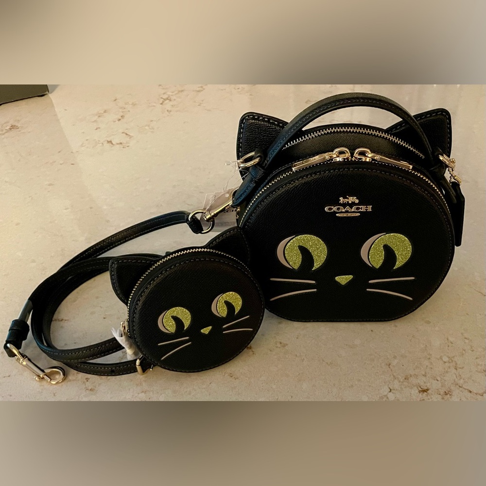 NWT Coach Leather Black Cat Canteen Crossbody Bag & Matching Coin Purse